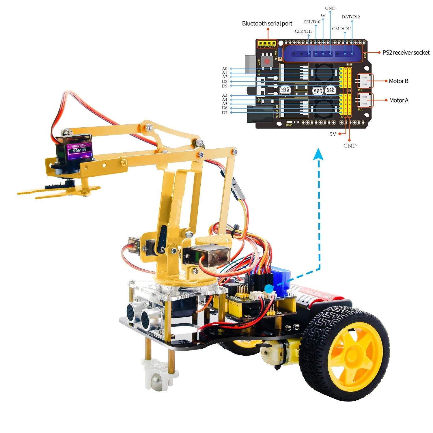 OEM 4DOF Mechanical Robot Arm 2WD Car Learning Kit for Arduino Robotic Kit