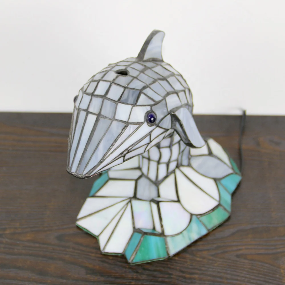 LongHuiJing Antique Stained Glass Dolphin Pattern Lampshade Tiffany Lamp for Hotel Decoration