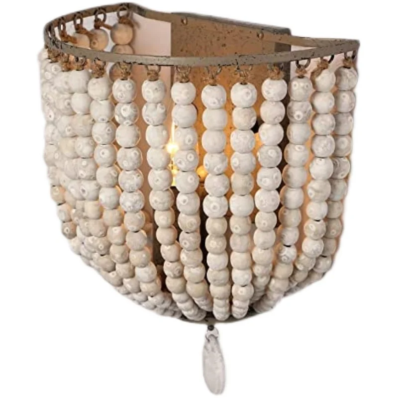 Vintage Bohemian Wood Bead Wall Lamp Gray Blue American Style Home Corridor Bedside LED Light for Living Room Villa Homestay