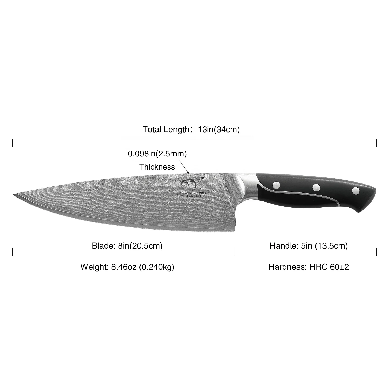 8 inch Damascus Kitchen Chef Knife, VG-10 Damascus Steel, with Comfortable Ergonomic ABS Handle