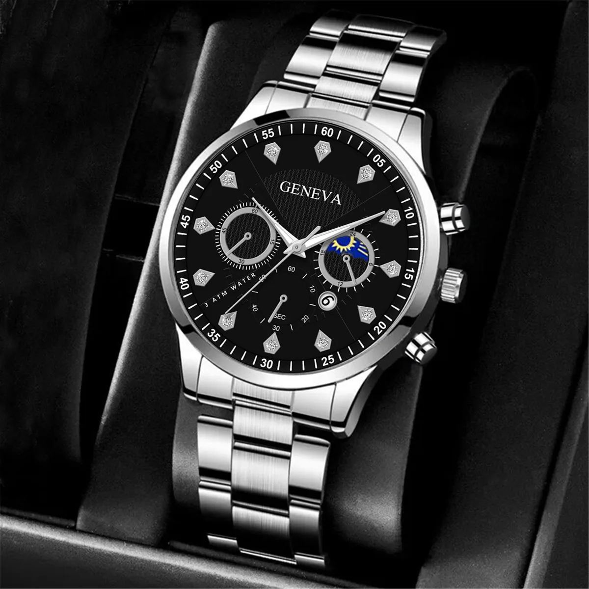 2PCS Set Fashion Men's Business Calendar Watches Men Casual Silver Bracelet Wings Bangle Stainless Steel Quartz Wrist Watch