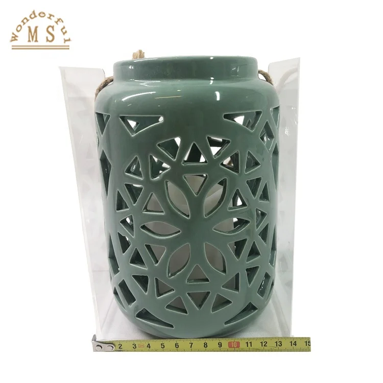 Shiny Glazed ceramic lantern for Indoor and outdoor hanging decorative assembled with plastic led candle or Tea Light Holder