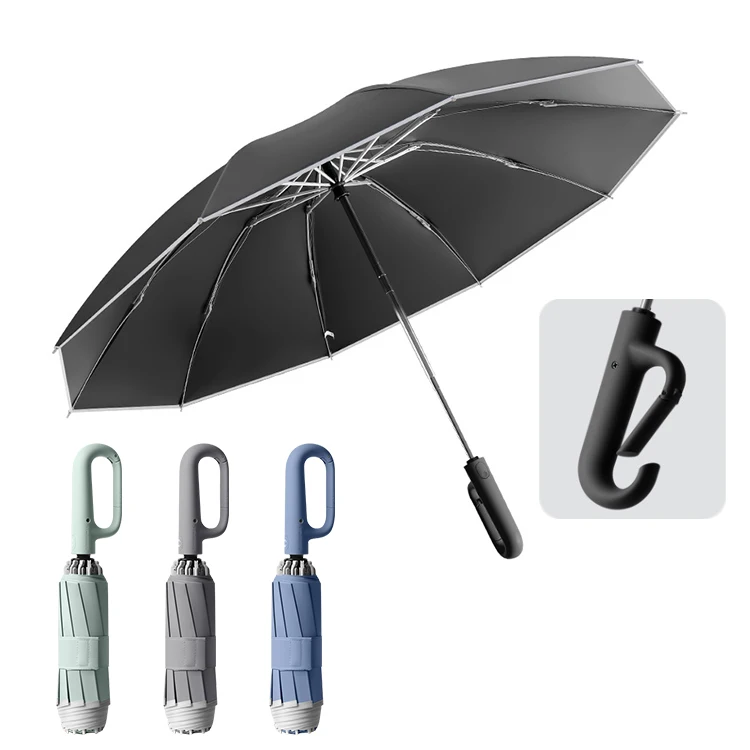 Fully Automatic Folding UV Protect Umbrella Sturdy Large Travel Portable Paraguas Rainy C Shape Ring Buckle Reverse Umbrella