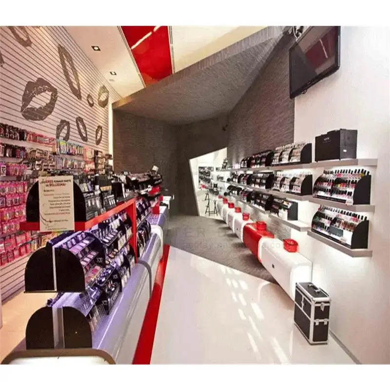Custom Shop Chairs for Cosmetic Shop Cabinet Makeup Retail Stand Counter Showcase Beauty Display Showcase with LED Lighting