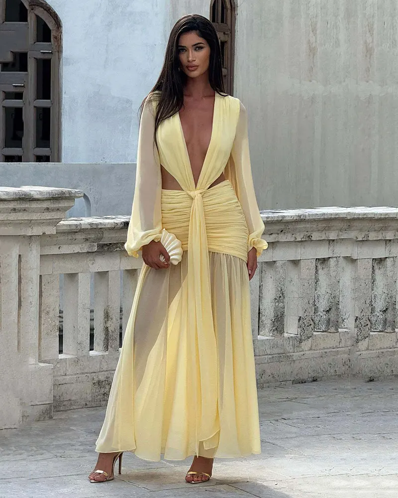 Elegant Chiffon Maxi Dress For Women New Lantern Sleeve Gowns Pleated Sexy Club Party Bodycon Long Dresses