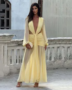 Elegant Chiffon Maxi Dress for Women New Lantern Sleeve Gowns Pleated Sexy Club Party Bodycon Long Dresses