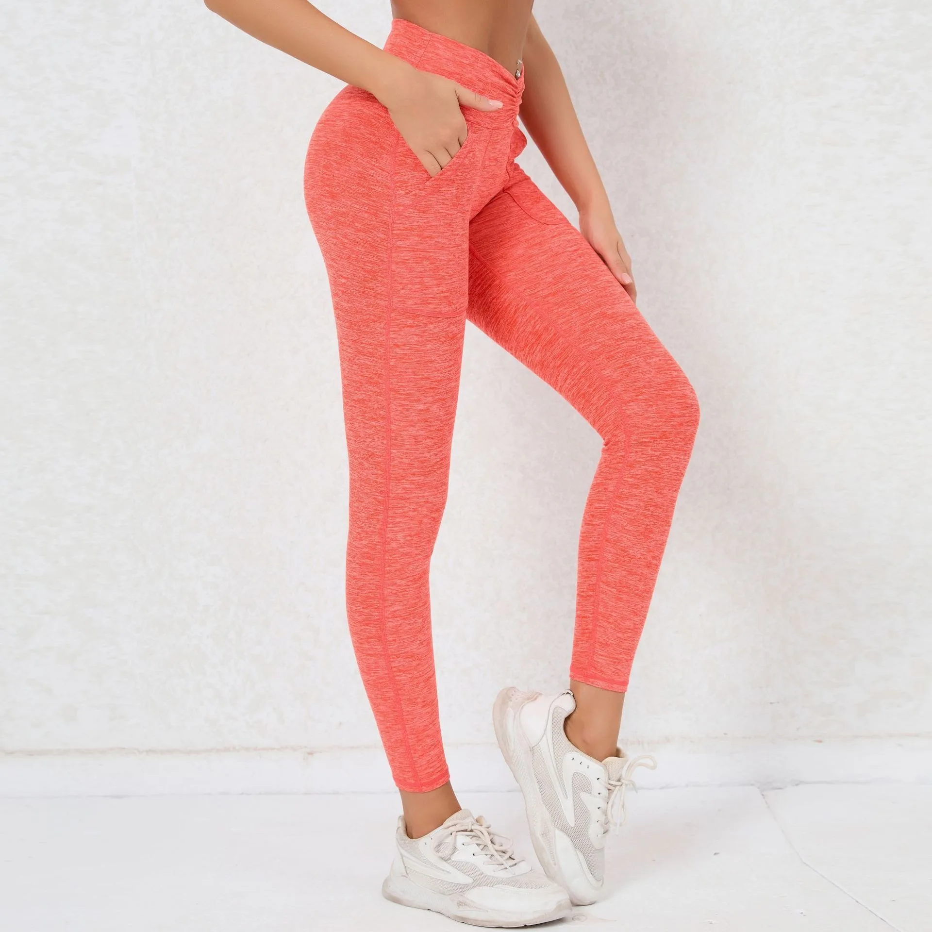 Hot sell pocket Quick-drying hip-lifting tight-fitting Yoga pants Pleated high-waist Brushed sports Fitness Pants  gym Leggings supplier