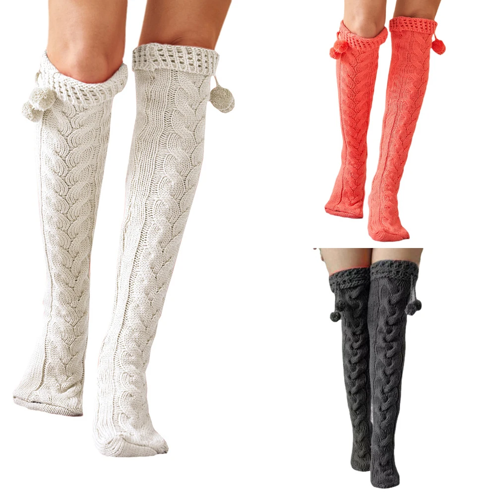 Wholesale Calcetines de mujer medias largas de punto de lana bola de pelo sobre la rodilla From m.alibaba.com