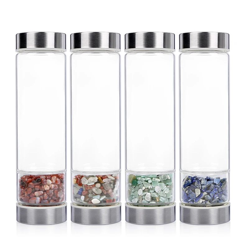 Custom Logo Elixir Filter Screen Stainless Steel Natural Rose Quartz Stone Healing Crystal Infused Glass Water Bottle
