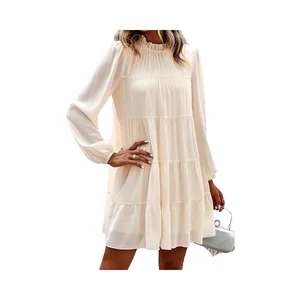 2025 Women's Casual Solid Long Sleeve Mini Dress Flowy Swing Shift Ruffle Mock Neck Tiered Chiffon for Fall Winter Natural