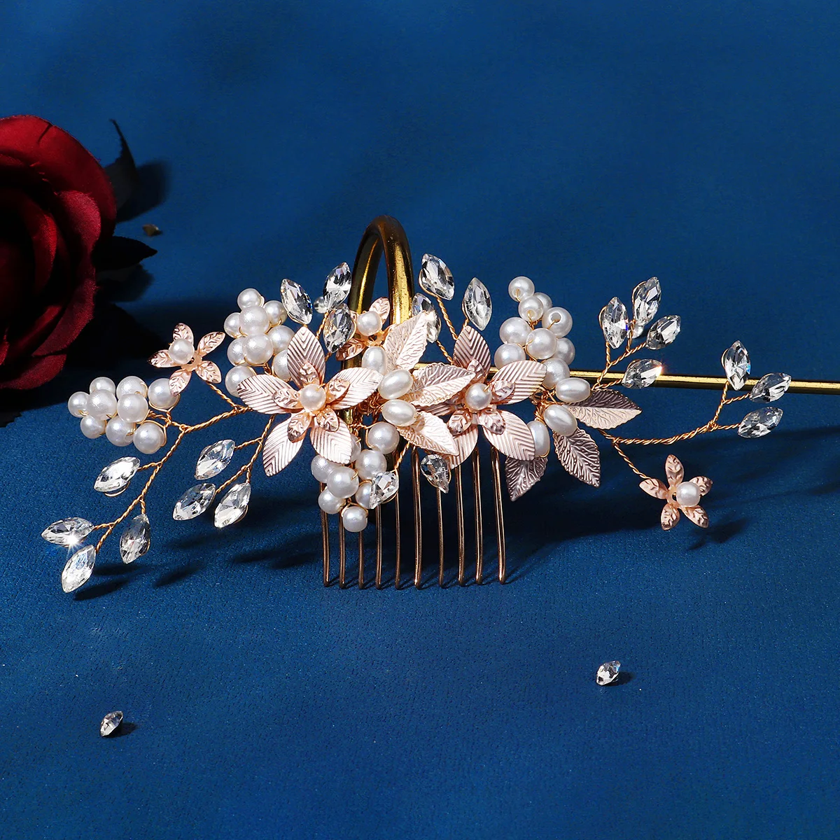 Champagne Rhinestone Flower Hairpin Comb Wedding Anniversary Party Banquet Bridal crystal comb and pin set of 5 - Champagne bubbles  main image 2
