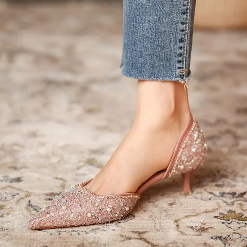 Escarpins Femme Pointed Toe Sexy Diamond Dress Shoes Pumps Low Wedding  Heels Shoes for Bride