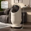 Off-white [wheeled] capsule-shaped trash can