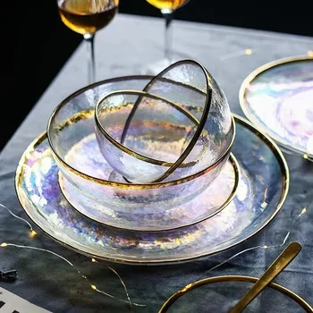 Creative gold rim round shape transparent glass Western food tray gradient restaurant plate and bowl