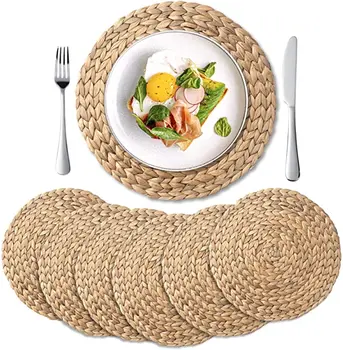 6 Pack Round Woven Placemats Natural Water Hyacinth Place Mats Braided Straw Table Mats For Dining Table