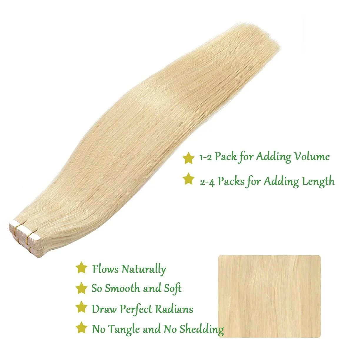 Extensii de păr cu bandă adezivă, blond 613, păr uman Remy, fără sudură, 20 buc._voghion.com