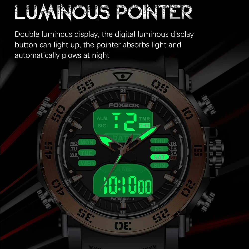 2022 LIGE Foxbox FB0021 Dual Display Sport Mens Watches Top Luxury Quartz Wristwatch for Men Waterproof Digital Clock