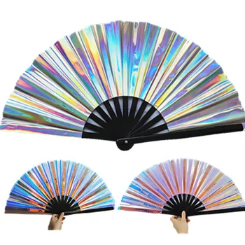 BSBH Wholesale Fashion PVC Holographic Large Bamboo Hand Folding Fan For Rave Festival Wedding Dance Fans