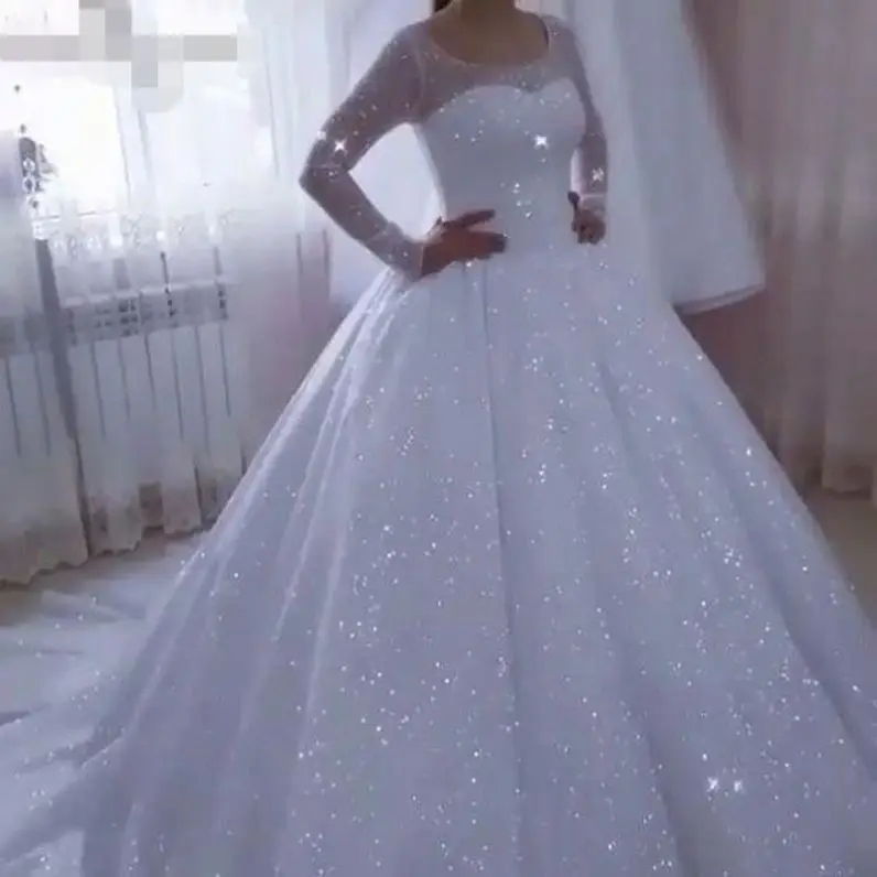 2026 New Designer African Woman Long Sleeve Bling Shining Wedding Dress Robe De Mariage Luxury Big Train Bridal Gown
