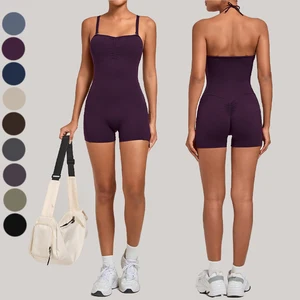Wholesale Adjustable Shoulder Strap Halter Yoga Shorts Jumpsuit with Side Pocket Tummy Control Sports One Piece Yoga Jumpsuit