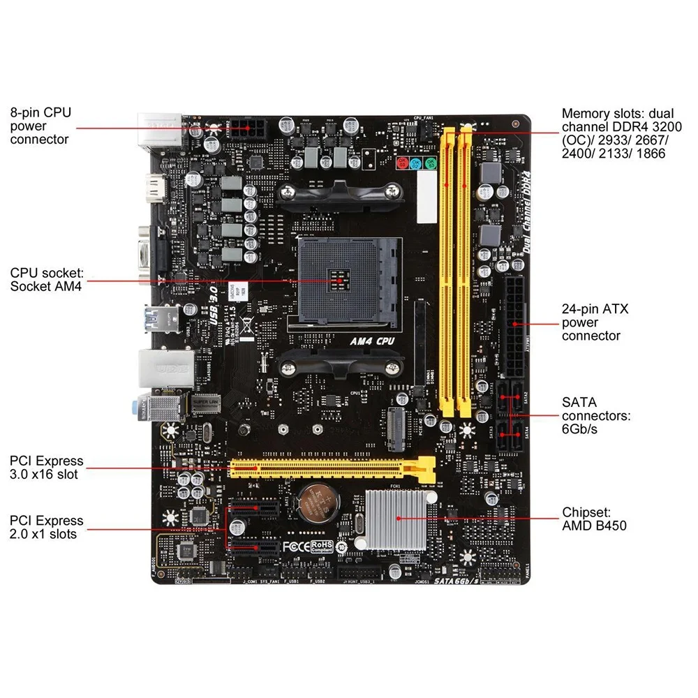 B450mh placa-mãe biostar, soquete am4 ddr4 32gb, micro atx - Main Image