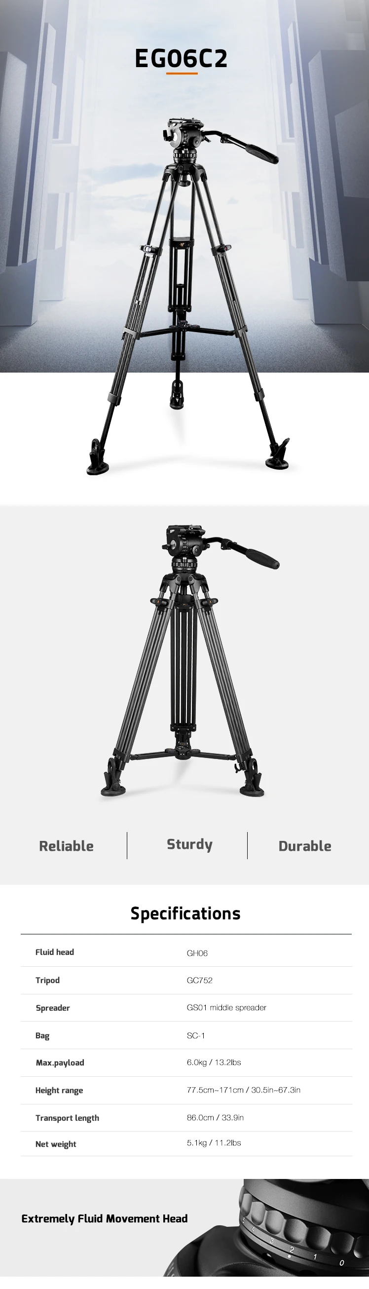 EG06C2 Carbon fiber Tripod System With GH06 Fluid Head ,GB2 Pan Bar For Camcorde