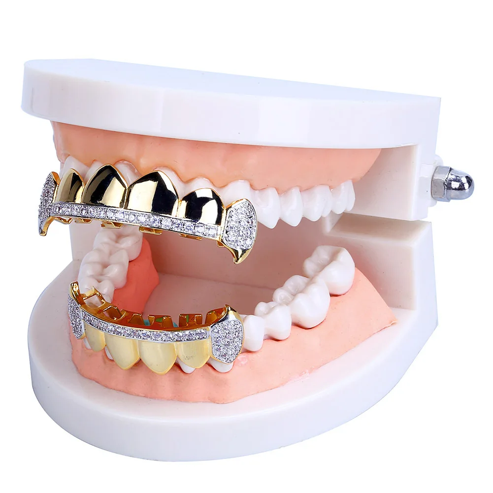 Hip Hop Grillz Teeth Iced Zircon Fang Mouth Jewelry Set
