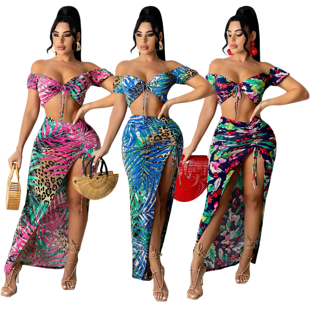 Latest Two Piece Multicolor Skirt Set Floral Crop Top and Skirt Two Piece Set Short Sleeve Maxi Skirt Elegant Casual Dresses