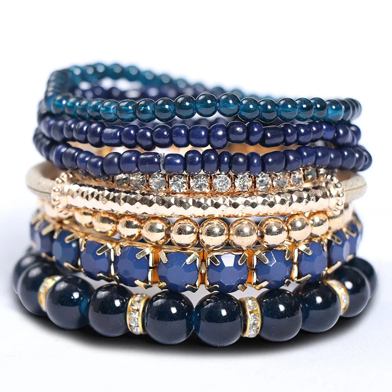 Wholesale Bohemian Fashion Charm Stack Bracelets Set Colorful Natural Stone Boho Ethnic Rice Beaded Jewelry Bracelet Gift Sets