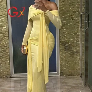 GX19376 Fashion 2026 Spring Fall Clothing Boutique Sexy Street Wear Off Shoulder Maxi Dresses Long Sleeve Elegant Mesh Dress