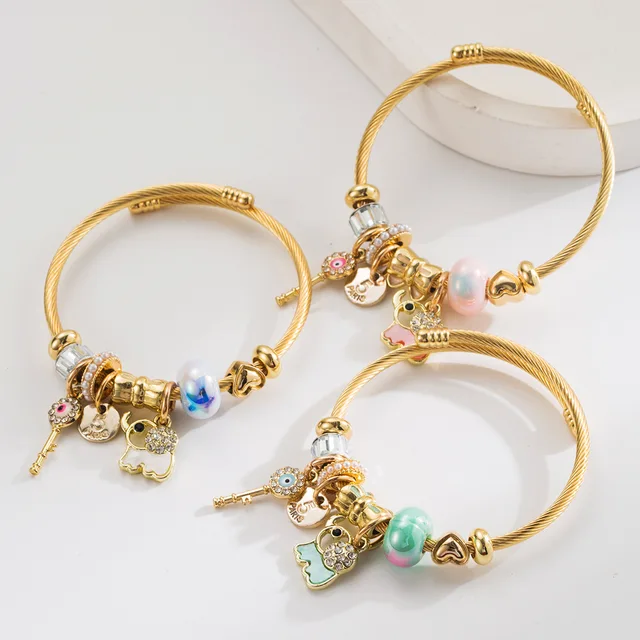 High Quality Gold Plated Crystal Elephant Charm Bracelet Adjustable Stainless Steel Key Pendant DIY Bangle Bracelet for Girls