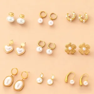 MW Fashion Fine Wholesale Dangle Hoop Earings Minimalist Stud Earrings 18k Gold Plated Stainless Steel Pearl Drop Hoop Earrings