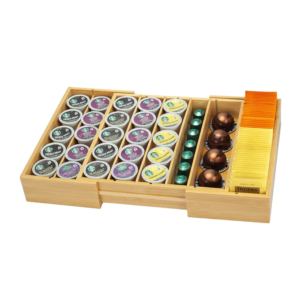 Modern Bamboo K-Cup Holder Drawer Organizer Expandable Countertop Coffee Bag Storage Stand for Office or Kitchen Use