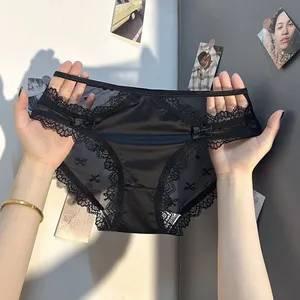 Women's Sexy Low Waist Cotton Briefs Panties Mesh Perspective Love Underwear with Crotch Lift Feature Knitted Weaving Method