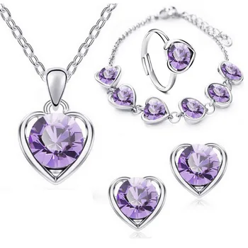 Luxury Shining Love Heart Pendant Zircon Crystal Necklace Bracelet Earrings Ring Jewelry Set 4PCs/Set