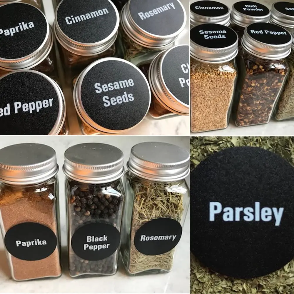 144 Preprinted Round Spice Jar Labels + Numbers for Kitchen