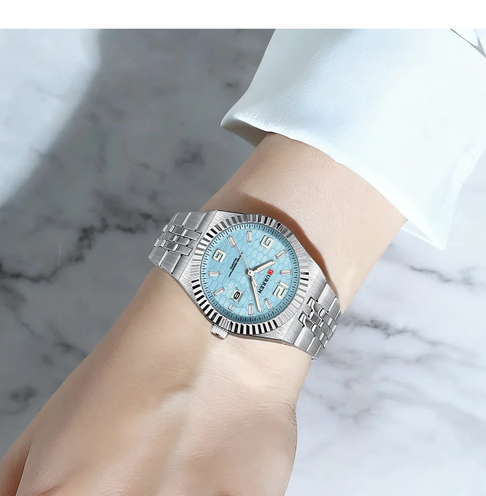 CURREN 8498 Women's Quartz Watches Stainless Steel Band Blue Dial Calendar Date Watch Ladies Water Resistant Luminous Wristwatch