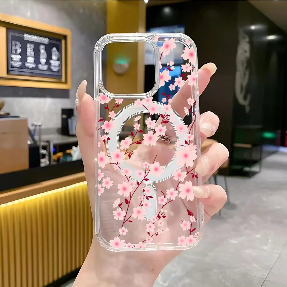 Wholesale Factory Price Pink Flowers Acrylic Phone Case for iPhone 16 15  Plus 14 13 12 11 Pro Max Magnetic Wireless Clear Cover