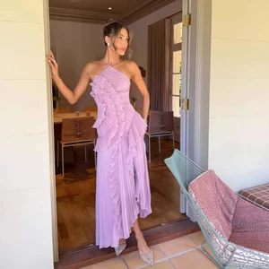 High Quality 2025 Summer Fashion New Arrival Best-selling Chiffon Purple Casual Dress Ruffled Slim Halter Elegant Long Dress