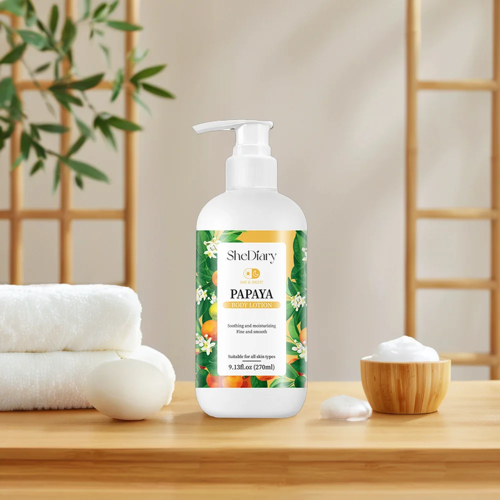 Venta al por mayor de loción corporal exfoliante y blanqueadora de papaya para pieles sensibles, botella amarilla brillante, loción corporal orgánica