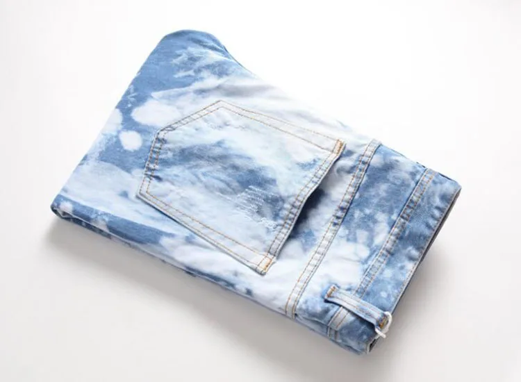 Wholesale Mens Light Blue Tie and Dyed Snow Washed Denim Jeans Streetwear Holes Ripped Slim Straight Pants