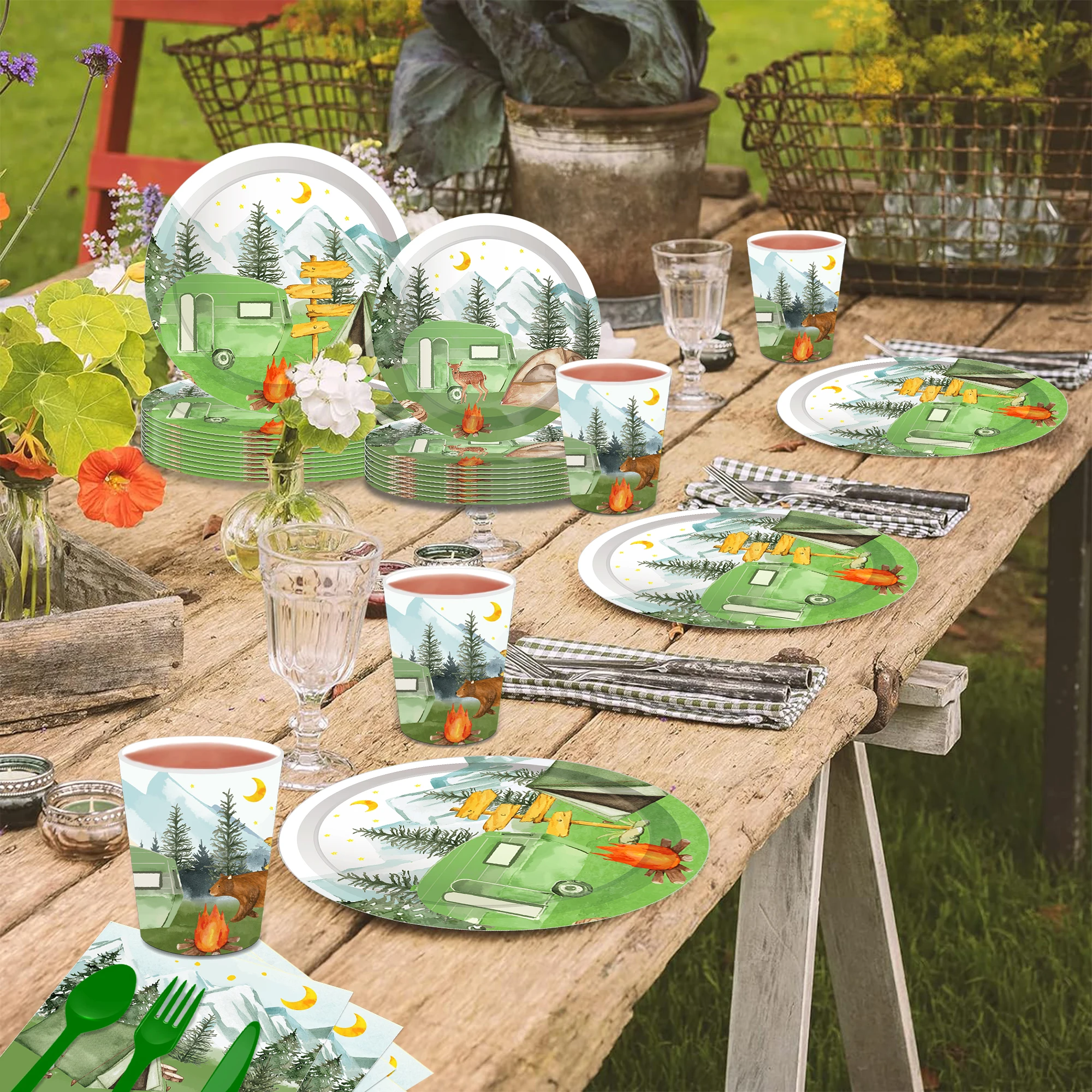 Huancai Camping Adventure Party Supplies Sage Green Set