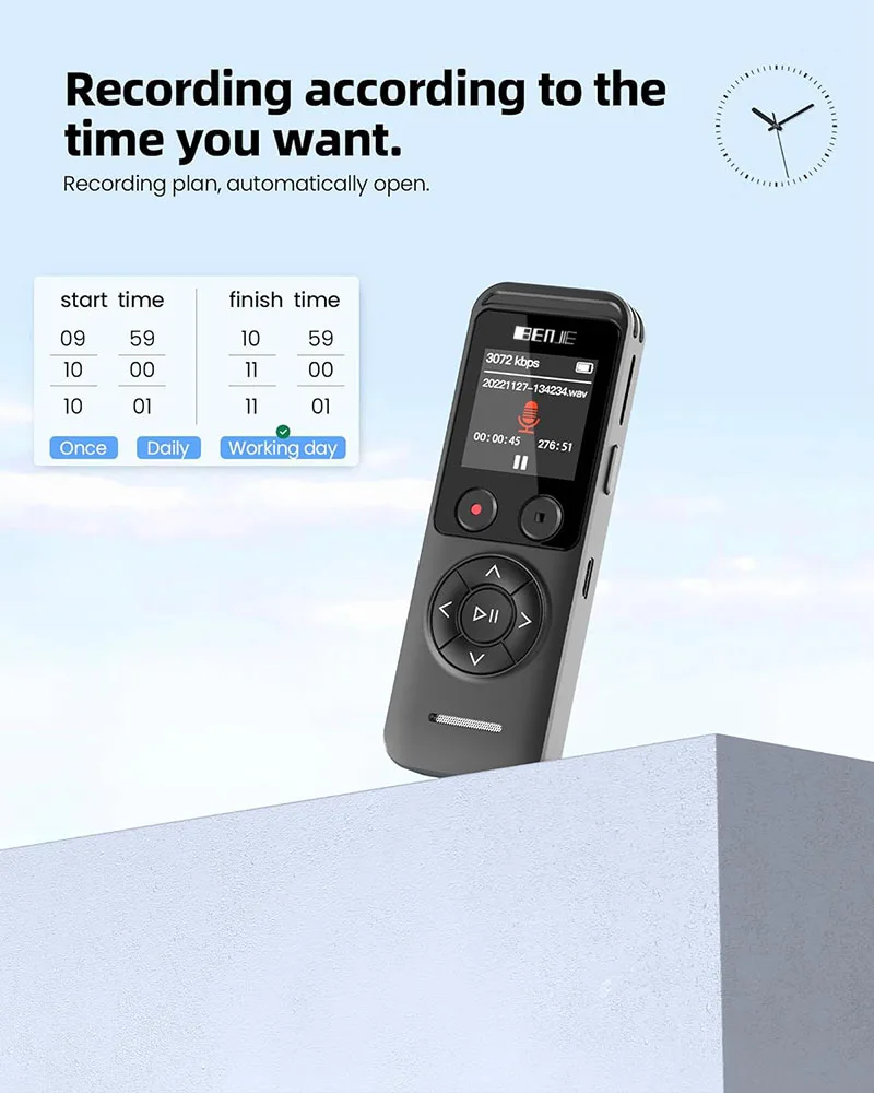 Benjie Brand High Resolution IPS Color Screen Digital Voice Recorder 32/64/128GB Memory 20-Hour Recording Time MP3 WAV for