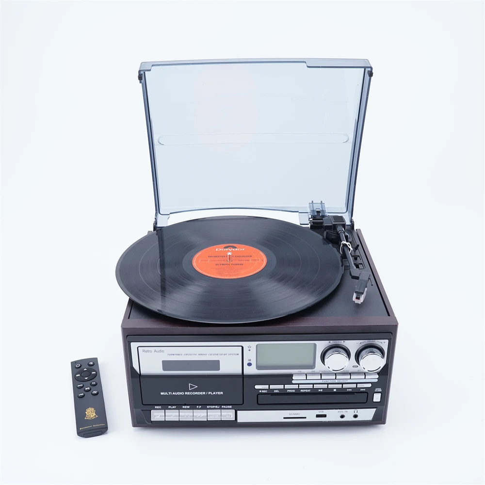Giradischi All-in-one Con Bluetooth, 3 Velocità, USB/SD, Radio AM/FM, Lettore Cassette E Ingressi Aux