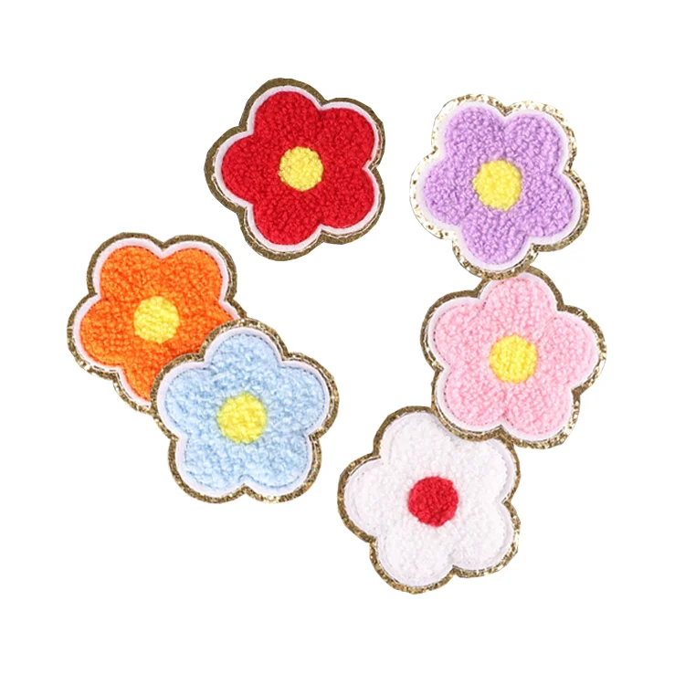 Promotional Rhinestone Pearl Cute Glitter Kawaii Woven Patch Beads Sequins Iron on Flower Embroidery Patches for Clothes