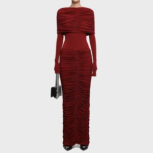 ZYHT 70126 Ladies Winter Cape Maxi Bodycon Burgundy Dresses for Women Long Sleeve Elegant Pleated Modest Chic Evening Dress