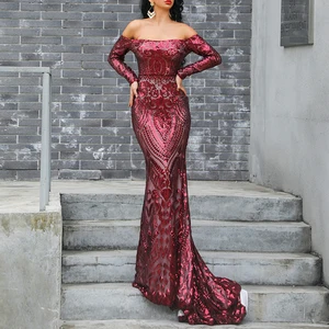 Women's Vintage Ball Gown Off-the-shoulder Sexy Elegant Sequin Banquet Red Carpet Floor-Length Dress