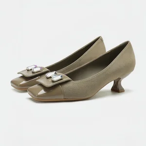 2026 Black Square Toe Mid Block Heels Working Pumps High Quality Single Shoes  Comfortable Breathable Summer Heel Shoes