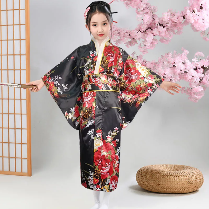 5 Pezzi Kimono Giapponese Per Bambina – Vestito Geisha Yukata Con Accessori (maschera, Ventaglio, Forcine, Calze), Taglie 130-150 Cm