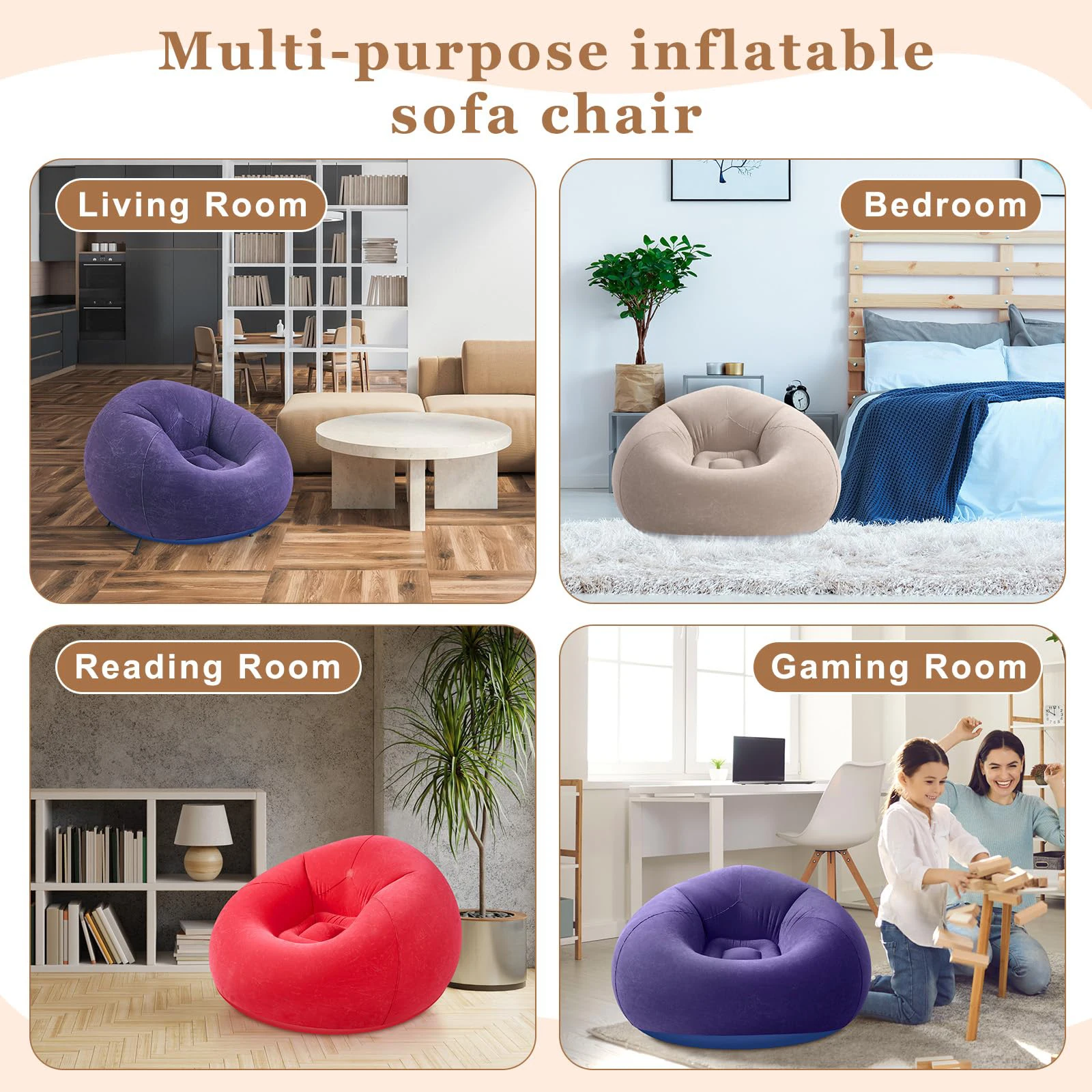 Japanese-Style Inflatable Round Sofa Bed Soft Foldable Flocking Bean Bag Chair Home Furniture Comfortable No-Filling Feature